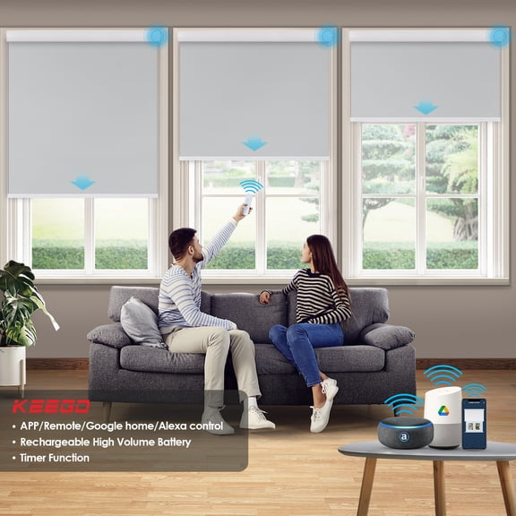 Keego Motorized Shade Remote Control App Control Voice Control Silent Rechargeable Blackout Roller Blinds Auto Window Blinds Grey,29.0"w x 66"h