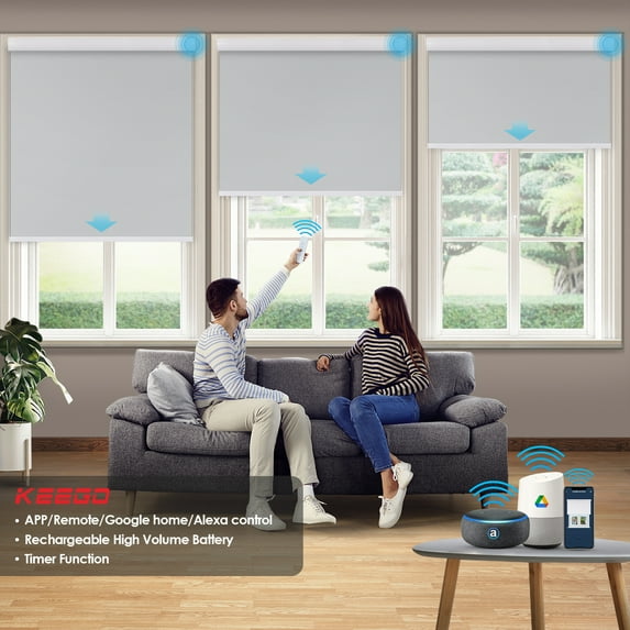 Keego Motorized Shade Remote Control App Control Voice Control Silent Rechargeable Blackout Roller Blinds Auto Window Blinds Grey,59.0"w x 66"h