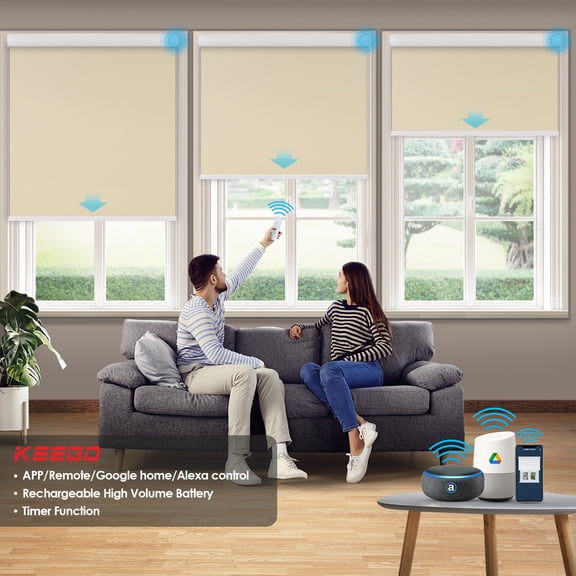 Keego Motorized Shade Remote Control App Control Voice Control Silent Rechargeable Blackout Roller Blinds Auto Window Blinds Khaki,56.5"w x 66"h