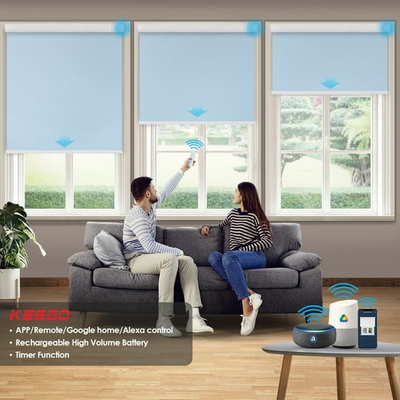 Keego Motorized Shade Remote Control App Control Voice Control Silent Rechargeable Blackout Roller Blinds Auto Window Blinds Light Blue,44.0"w x 66"h