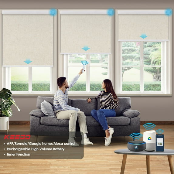 Keego Motorized Shade Remote Control App Control Voice Control Silent Rechargeable Blackout Roller Blinds Auto Window Blinds Linen Sand Color, 62.5"w x 36"h