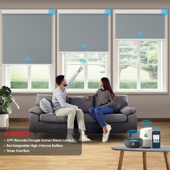 Keego Motorized Shade Remote Control App Control Voice Control Silent Rechargeable Blackout Roller Blinds Auto Window Blinds Slate Gray,57.5"w x 56"h