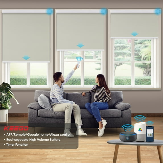 Keego Motorized Shade Remote Control App Control Voice Control Silent Rechargeable Blackout Roller Blinds Auto Window Blinds Tan,48.5"w x 46"h