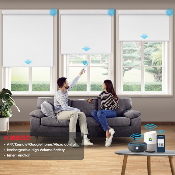 Keego Motorized Shade Remote Control App Control Voice Control Silent Rechargeable Blackout Roller Blinds Auto Window Blinds White,40.0"w x 76"h