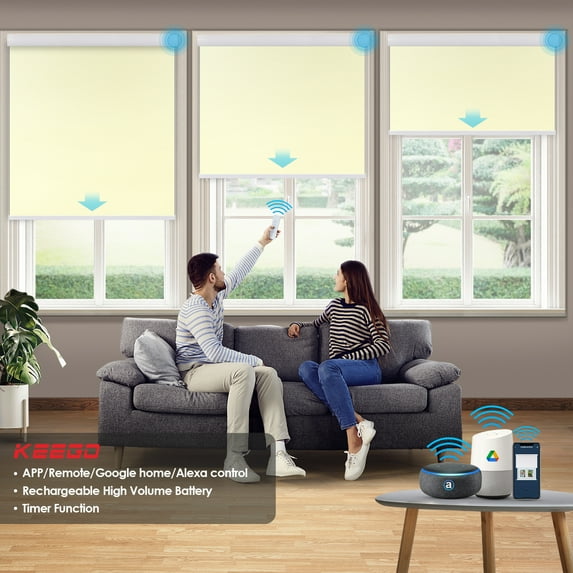 Keego Motorized Shade Remote Control App Control Voice Control Silent Rechargeable Blackout Roller Blinds Auto Window Blinds Light Yellow,23.0"w x 56"h