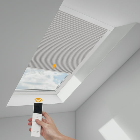 Keego Motorized Skylight Cellular Shades Blinds Efficient Systems Intelligent Control Remote Controls Smart Skylight Shades - Gray (Blackout), 44.25"W x 52"H