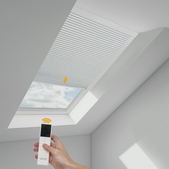 Keego Motorized Skylight Cellular Shades Blinds Efficient Systems Intelligent Control Remote Controls Smart Skylight Shades - White (Blackout), 55.5"W x 56"H