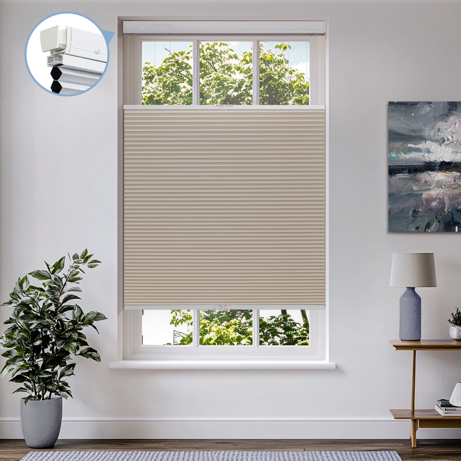 Keego New Upgraded No Drill Cellular Shades Top Down Bottom Up Honeycomb Blinds Cordless Window Blinds Easy to Install Cellular Shade for Windows, Blackout - Sand, 46"W x 40"H