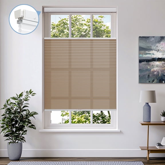 Keego New Upgraded No Drill Cellular Shades Top Down Bottom Up Honeycomb Blinds Cordless Window Blinds Easy to Install Cellular Shade for Windows, Light Filtering - Tan, 53"W x 70"H