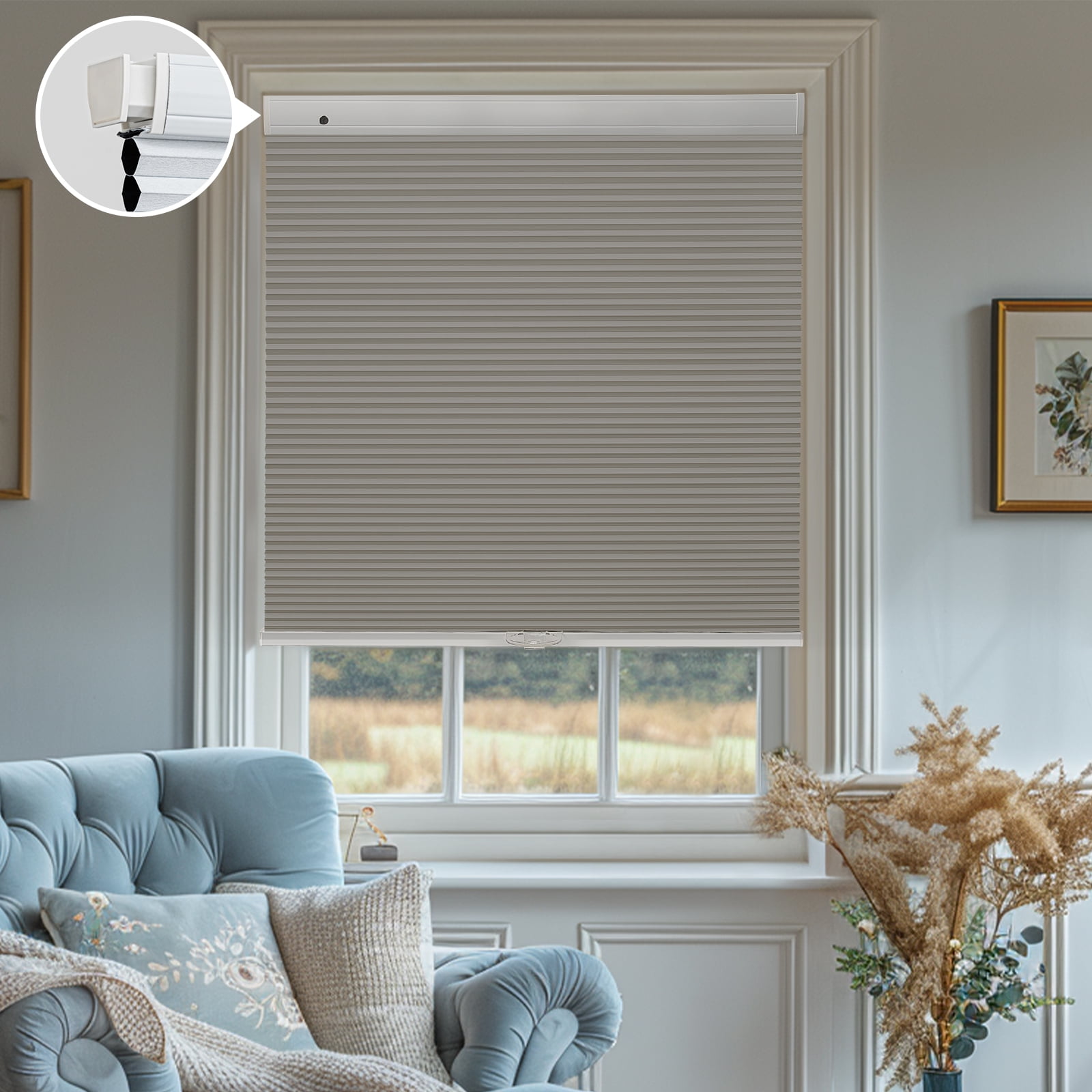 Keego New Upgraded No Drill Cordless Cellular Shades Blackout Honeycomb Blinds Easy Installation Heat Insulating Noise Reducing Window Shades, Blackout - Gray, 34"W x 64"H