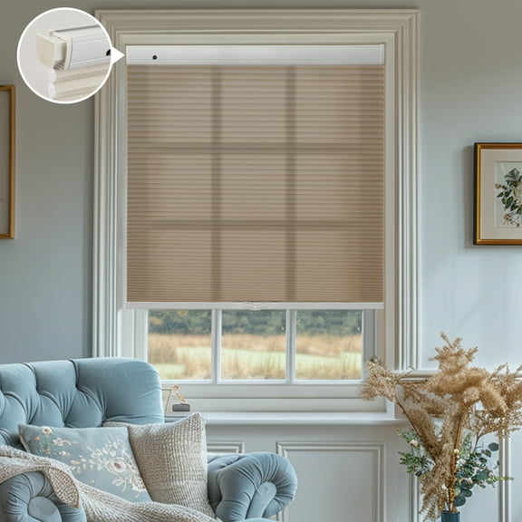 Keego New Upgraded No Drill Cordless Cellular Shades Light Filtering Honeycomb Blinds Easy Installation Heat Insulating Noise Reducing Window Shades, Light Filtering - Tan, 20"W x 48"H
