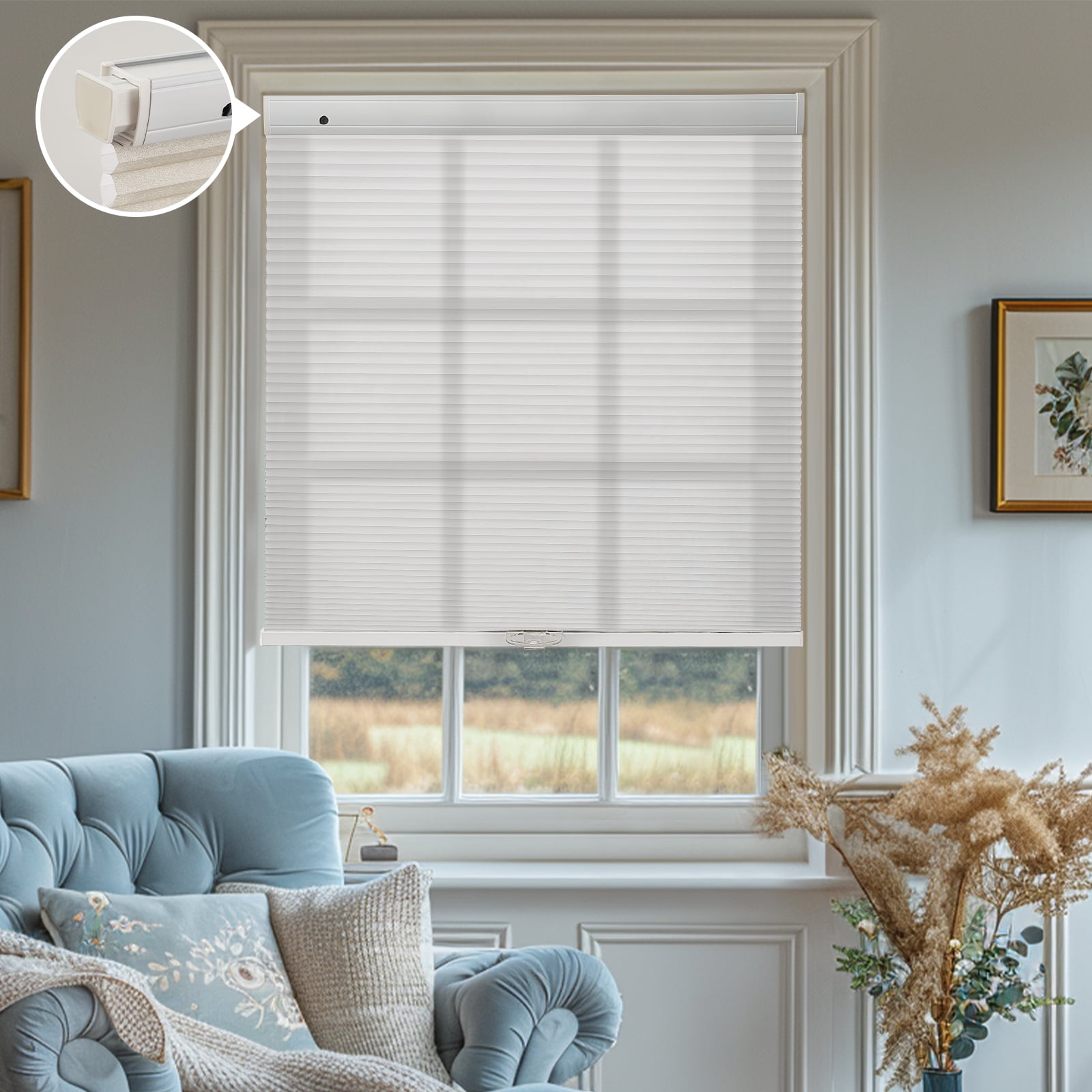 Keego New Upgraded No Drill Cordless Cellular Shades Light Filtering Honeycomb Blinds Easy Installation Heat Insulating Noise Reducing Window Shades, Light Filtering - White, 46"W x 48"H