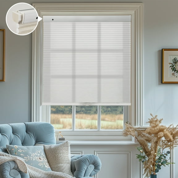 Keego New Upgraded No Drill Cordless Cellular Shades Light Filtering Honeycomb Blinds Easy Installation Heat Insulating Noise Reducing Window Shades, Light Filtering - White, 35"W x 64"H