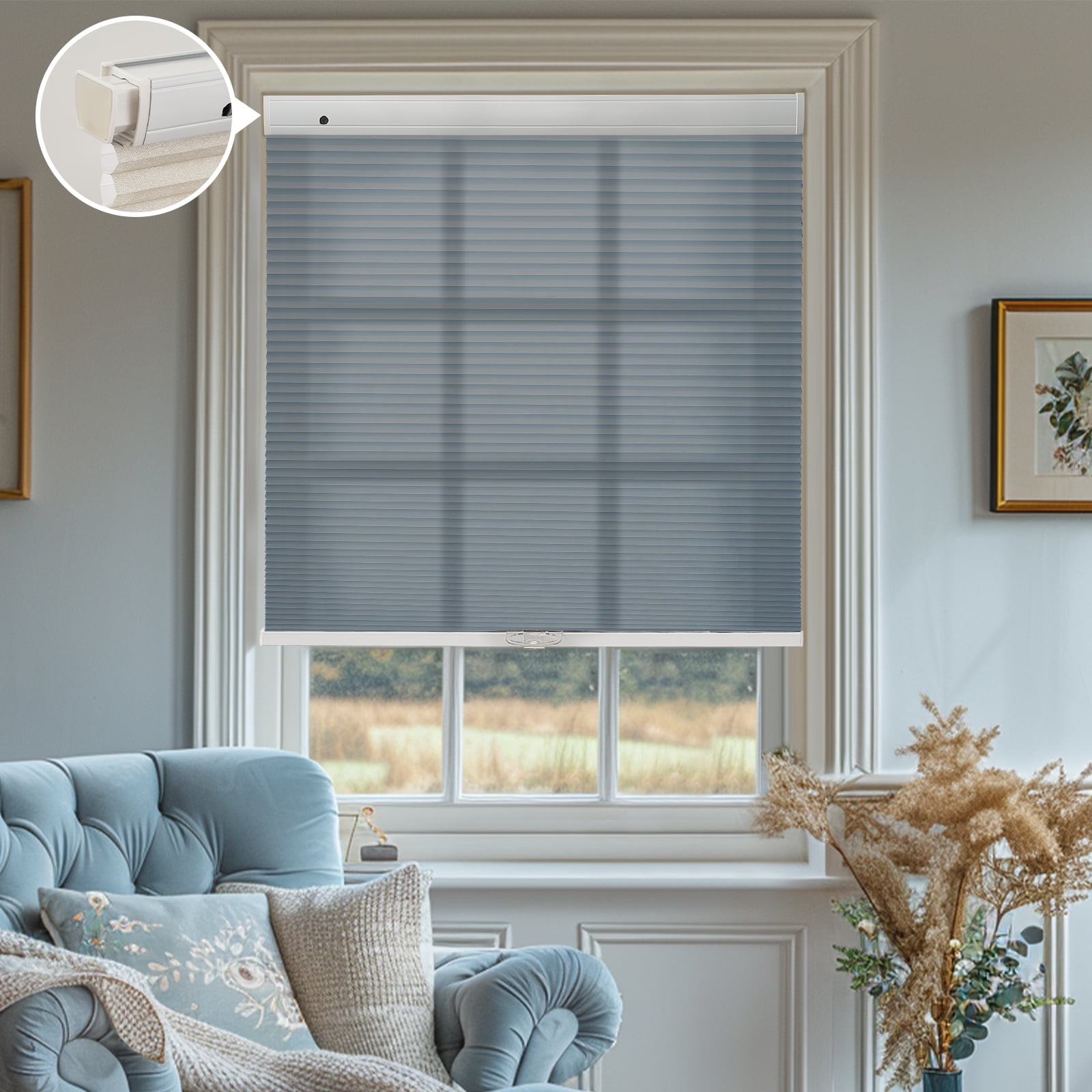 Keego New Upgraded No Drill Cordless Cellular Shades Light Filtering Honeycomb Blinds Easy Installation Heat Insulating Noise Reducing Window Shades, Light Filtering - SlateBlue, 24"W x 72"H