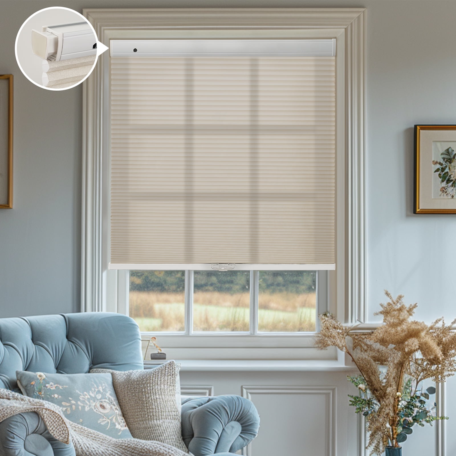 Keego New Upgraded No Drill Cordless Cellular Shades Light Filtering Honeycomb Blinds Easy Installation Heat Insulating Noise Reducing Window Shades, Light Filtering - Sand, 40"W x 48"H