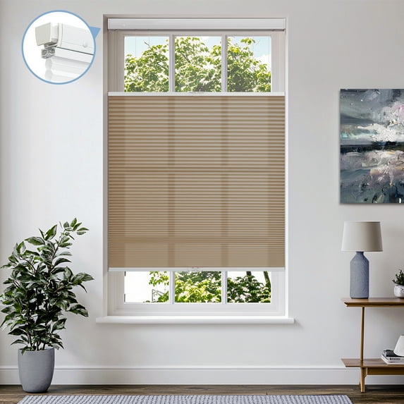 Keego New Upgraded No Drill Cellular Shades Top Down Bottom Up Honeycomb Blinds Cordless Window Blinds Easy to Install Cellular Shade for Windows, Light Filtering - Tan, 29"W x 56"H