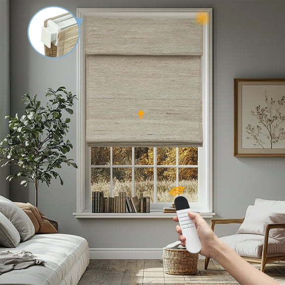 Keego No Drill Motorized Roman Shades Blackout Natural Fabric Rechargeable Electric Window Blinds Remote Control Room Darkening Window Treatment - Almond (Block 60%-90% Light) - 48"W x 72"H