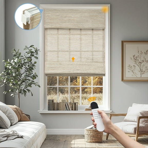 Keego No Drill Motorized Roman Shades Natural Fabric Rechargeable Electric Window Blinds Remote Control Room Darkening Window Treatment - Almond (with Linen, Block 40%-50% Light) - 48"W x 72"H