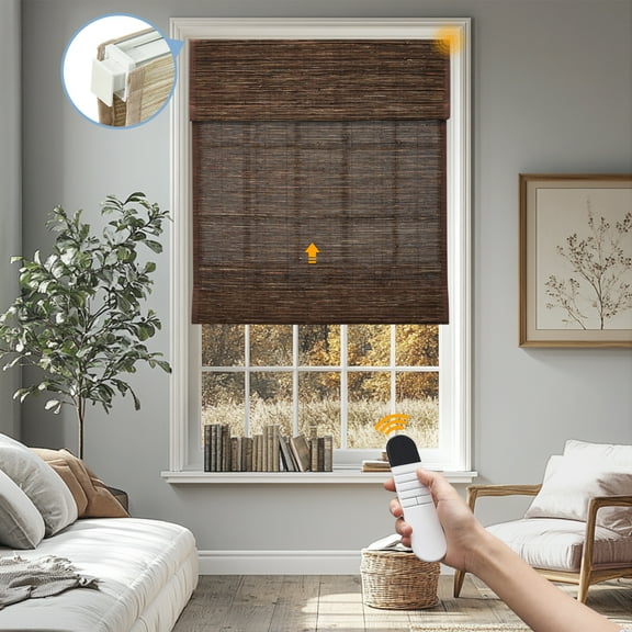 Keego No Drill Motorized Roman Shades Natural Fabric Rechargeable Electric Window Blinds Remote Control Room Darkening Window Treatment - Coffee (with Linen, Block 40%-50% Light) - 39"W x 48"H