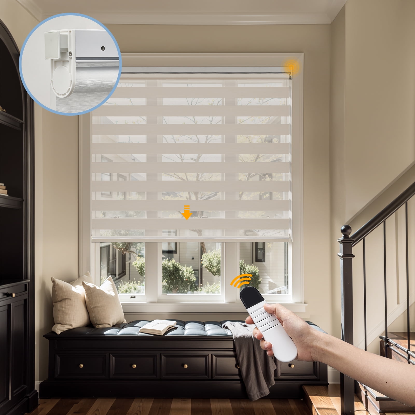 Keego No Drill No Tool Motorized Zebra Shades Blinds Remote Control Dual Layer Roller Shades Blackout Window Treatment - Apricot, 20"W x 40"H