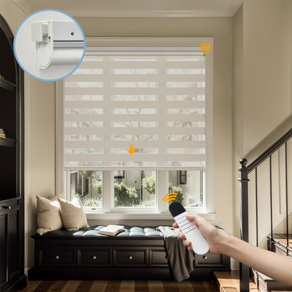 Keego No Drill No Tool Motorized Zebra Shades Blinds Remote Control Dual Layer Roller Shades Blackout Window Treatment - Apricot, 20"W x 40"H