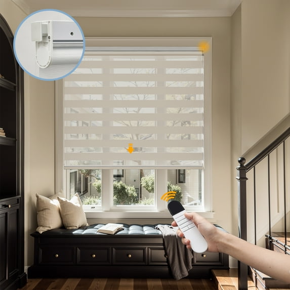 Keego No Drill No Tool Motorized Zebra Shades Blinds Remote Control Dual Layer Roller Shades Blackout Window Treatment - Apricot, 31"W x 56"H