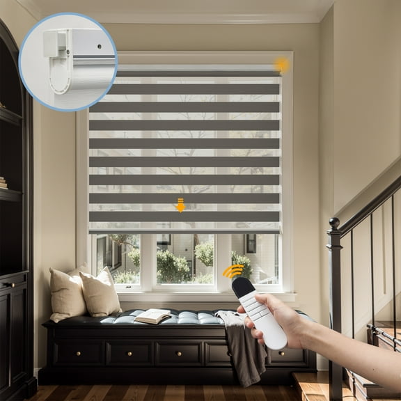 Keego No Drill No Tool Motorized Zebra Shades Blinds Remote Control Dual Layer Roller Shades Blackout Window Treatment - Charcoal, 27"W x 48"H