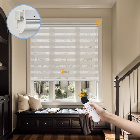 Keego No Drill No Tool Motorized Zebra Shades Blinds Remote Control Dual Layer Roller Shades Blackout Window Treatment - Gray, 29"W x 56"H