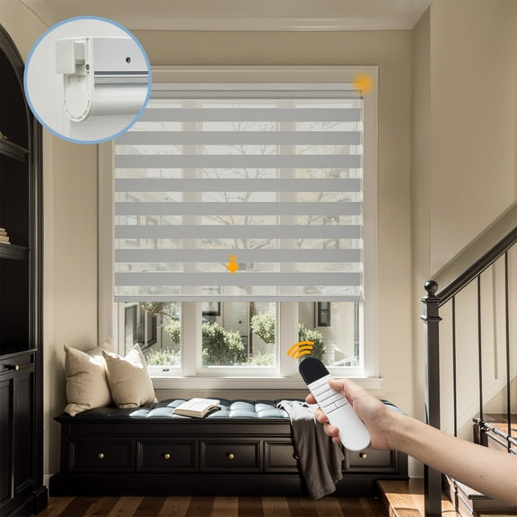 Keego No Drill No Tool Motorized Zebra Shades Blinds Remote Control Dual Layer Roller Shades Blackout Window Treatment - Gray, 34"W x 64"H