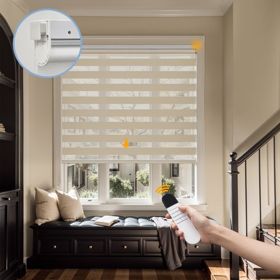 Keego No Drill No Tool Motorized Zebra Shades Blinds Remote Control Dual Layer Roller Shades Blackout Window Treatment - Sand, 30"W x 72"H