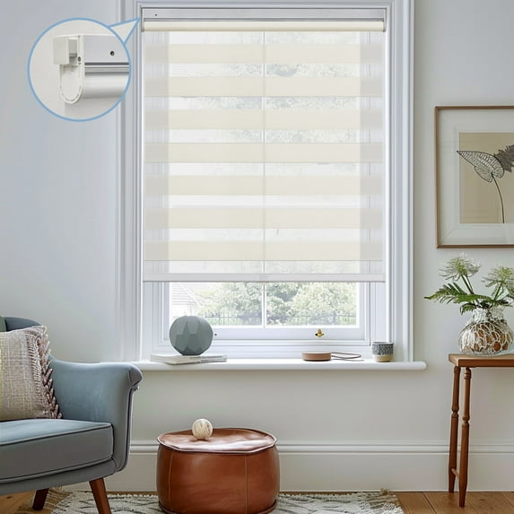 Keego No Tools No Drill Cordless Zebra Roller Blinds Light Filtering Dual Layer Roller Shades Privacy Zebra Windows Shades Zebra Blinds for Windows - Cream, 26"W x 64"H