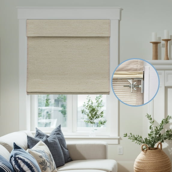 Keego No Drill No Tools Roman Shades for Windows Cordless Blackout Roman Window Shades Blinds 100% Natural Linen Hand-Made Fabric- Beige (with Lining, Block 60%-90% Light) - 48"W x 68"H