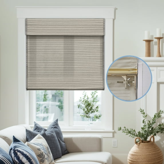 Keego No Drill No Tools Roman Shades for Windows Cordless Blackout Roman Window Shades Blinds 100% Natural Linen Hand-Made Fabric- Gray (with Lining, Block 40%-50% Light) - 25"W x 64"H