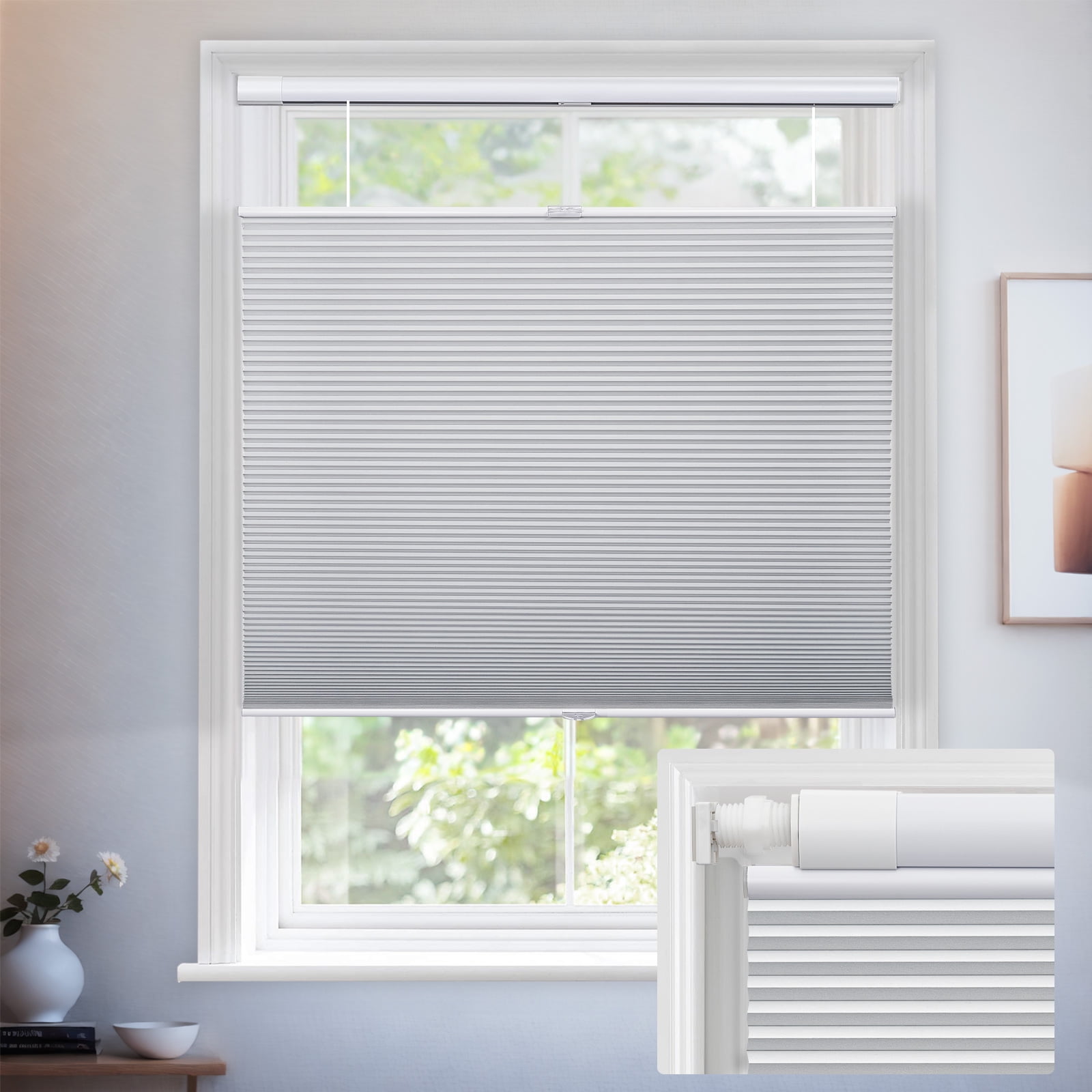 Keego No Drill Top Down Bottom Up Cellular Shades for Windows Blackout Cordless Blind Window Shades No Tool Honeycomb Blinds Shades for Home, Easy To Install, White, 34"W x 72"H