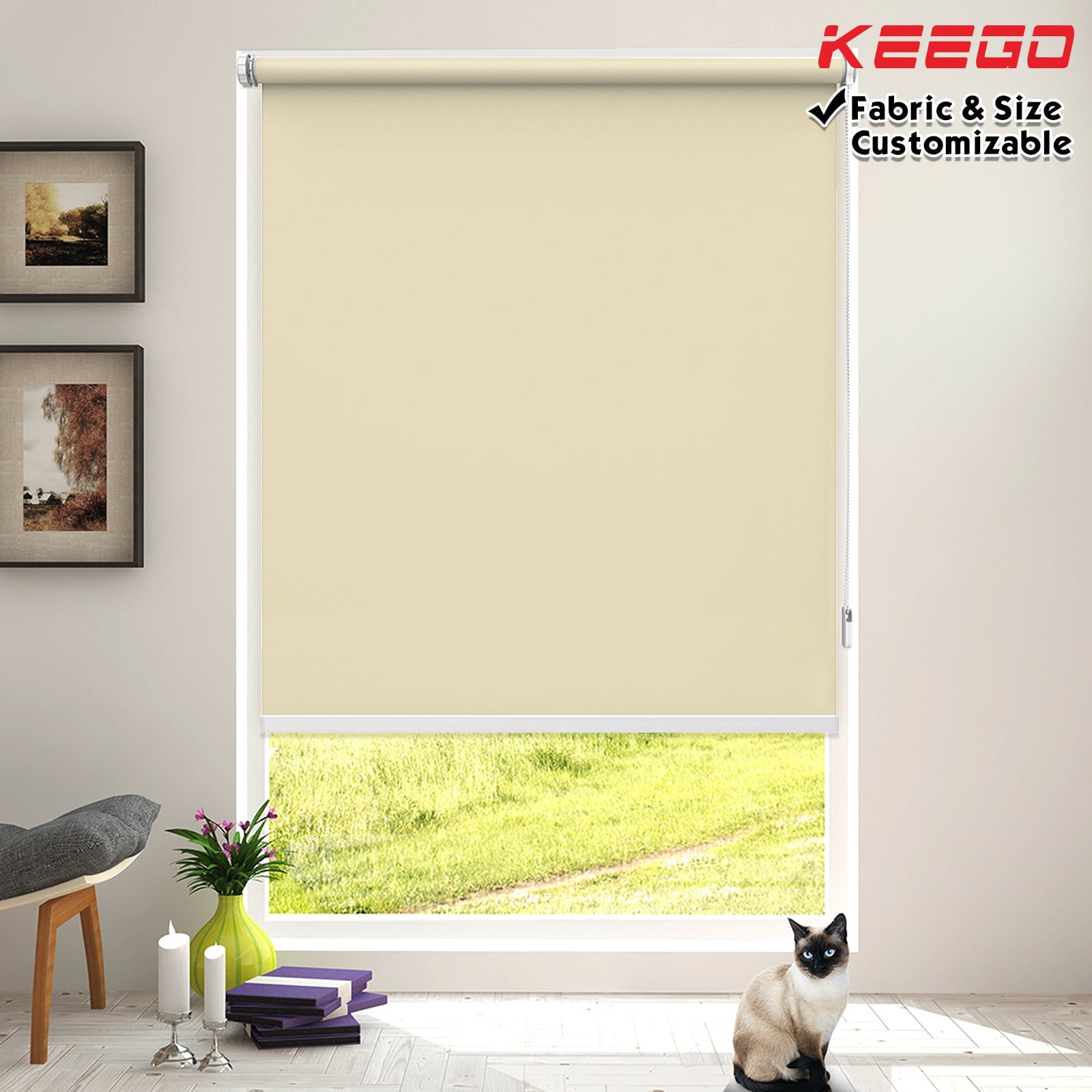Keego No Drilling Roller Shades for Home Windows Shade UV Protection Blackout Privacy Customizable Color and Size Beige 32"W x 72"H