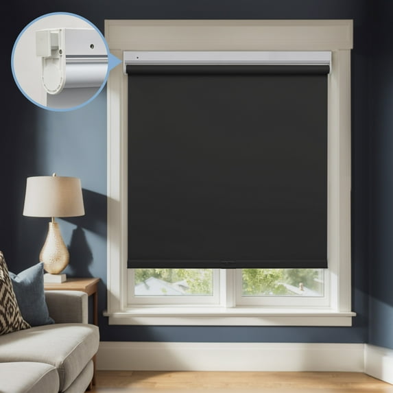 Keego No Tools No Drill Cordless Roller Blinds 100% Blackout Thermal Insulated Reduce Noise Privacy Shades Roller Shades Blinds for Windows (Black, 39"W x 56"H)