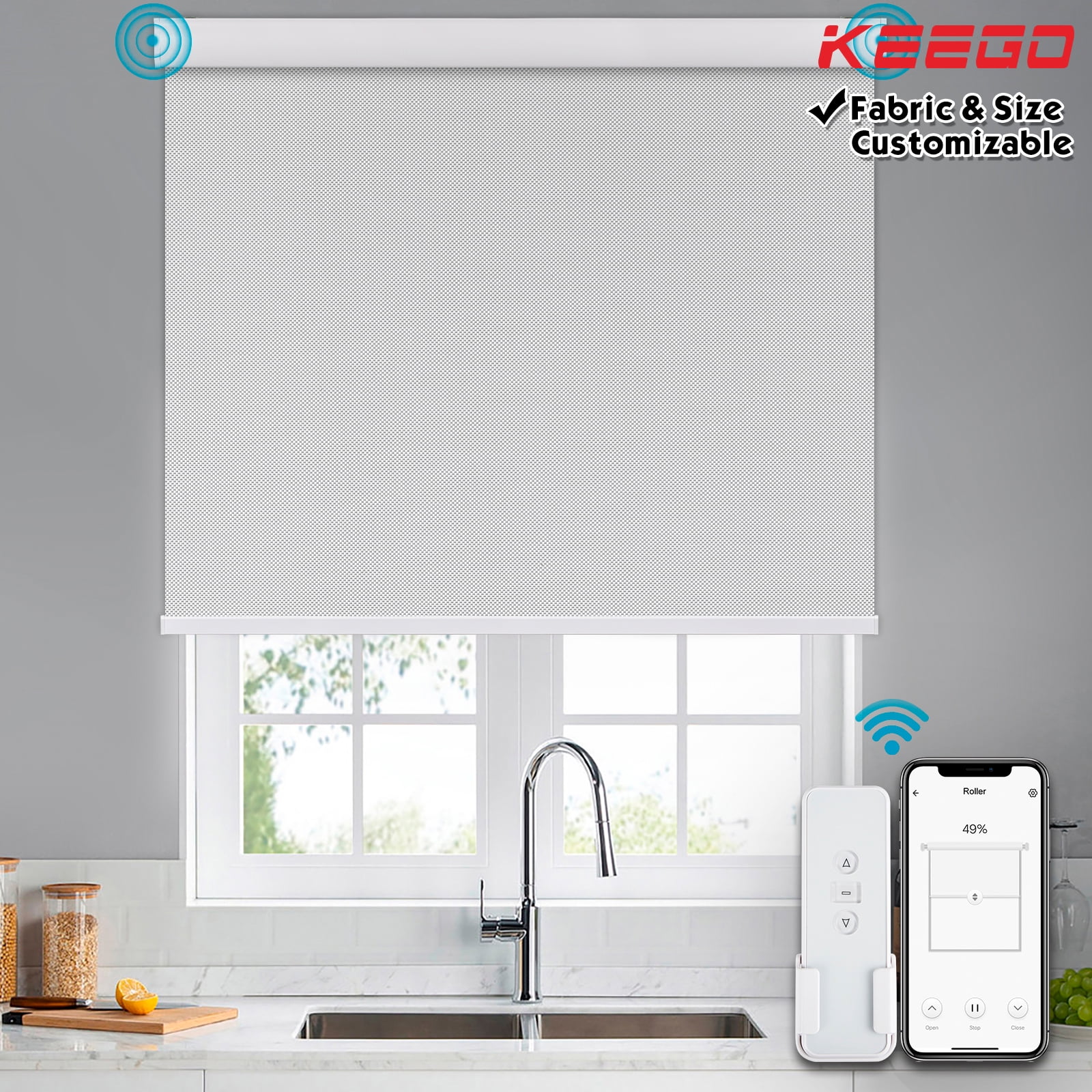 Keego Roller Sun Shade Motorized Blinds Smart Blind Blackout Window Roller Shade with Valance Insulation Remote Control Custom Rechargeable Battery Child Safety Gray 58"w x 56"h