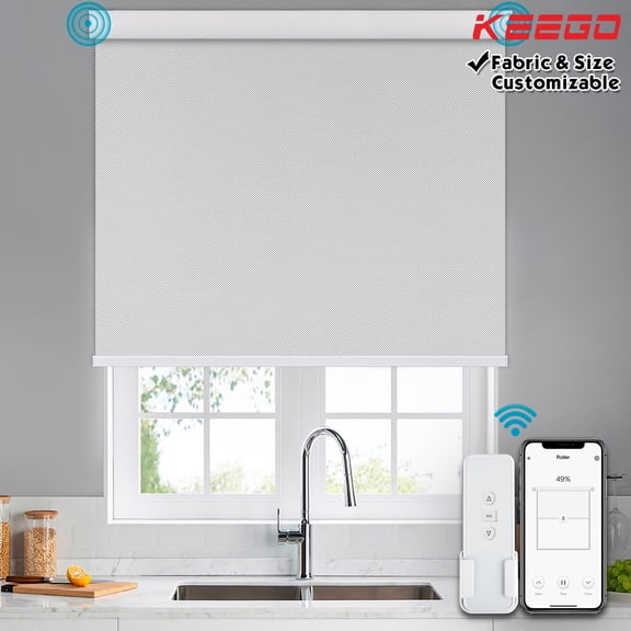 Keego Roller Sun Shade Motorized Blinds Smart Blind Blackout Window Roller Shade with Valance Insulation Remote Control Custom Rechargeable Battery Child Safety Gray 50"w x 52"h