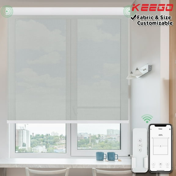 Keego Roller Sun Shade Motorized Blinds Smart Blind Light Filtering Window Roller Shade with Valance Insulation Remote Control Custom Rechargeable Battery Child Safety Gray 20"w x 36"h