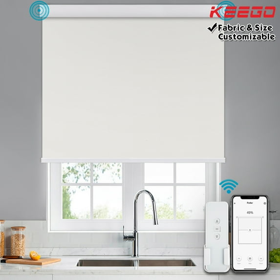 Keego Roller Sun Shade Motorized Blinds Smart Blind Window Shades Blackout Roller Shade with Insulation Remote Control Custom White 24"w x 68"h