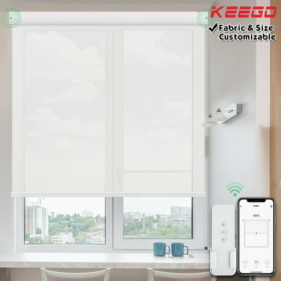 Keego Roller Sun Shade Motorized Blinds Smart Blind Window Shades Light Filtering Roller Shade with Valance Insulation Remote Control Custom Rechargeable Battery Child Safety White 20"w x 36"h