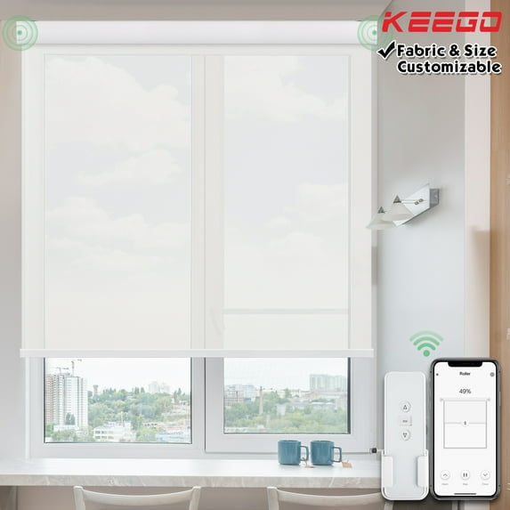 Keego Roller Sun Shade Motorized Blinds Smart Blind Window Shades Light Filtering Roller Shade with Valance Insulation Remote Control Custom Rechargeable Battery Child Safety White 29"w x 52"h