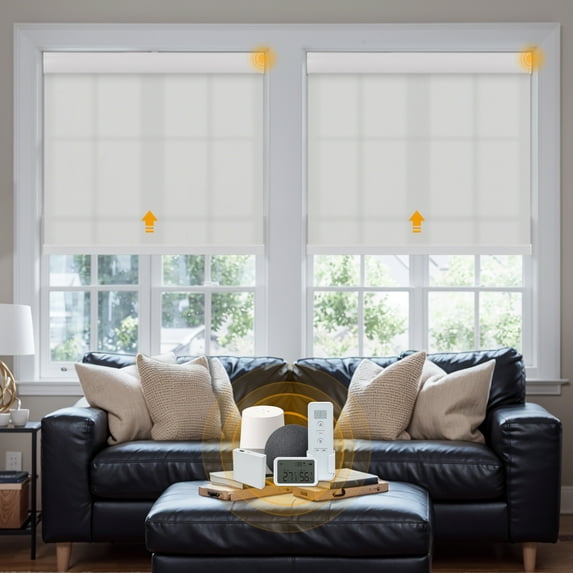 Keego Smart Motorized Roller Shades Work with WI-Fi Intelligent Sensor Shades with Remote Window Blinds work with Alexa Google for Smart Home Office,38"Wx52"H(White, Light Fithering)