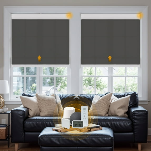 Keego Smart Motorized Roller Shades Work with WI-Fi Intelligent Sensor Shades with Remote Window Blinds work with Alexa Google for Smart Home Office,32"Wx52"H(Black, Light Fithering)