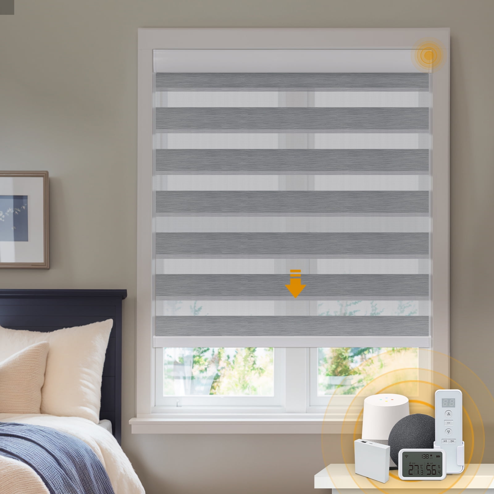 Keego Smart Motorized Zebra Shades Work with Wi-Fi Intelligent Sensor Shades with Remote Window Blinds work with Alexa Google for Smart Home Office,52"Wx60"H(SteelBlue, Blackout)