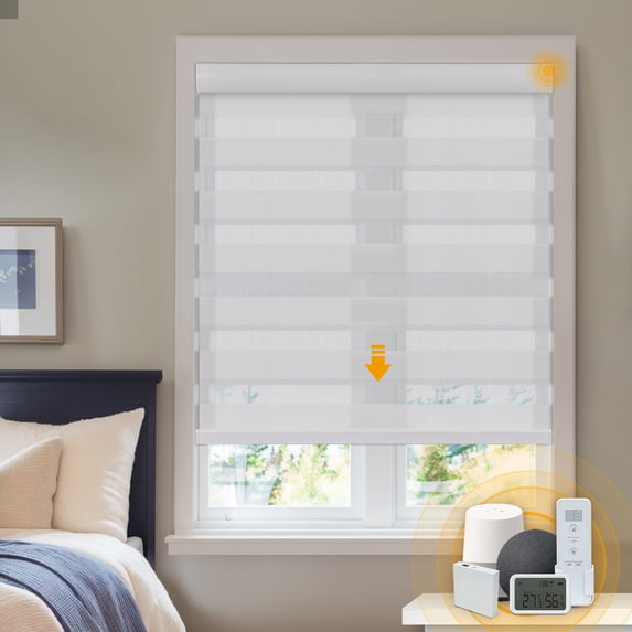 Keego Smart Motorized Zebra Shades Work with Wi-Fi Intelligent Sensor Shades with Remote Window Blinds work with Alexa Google for Smart Home Office,56"Wx68"H(White, Light Fithering)