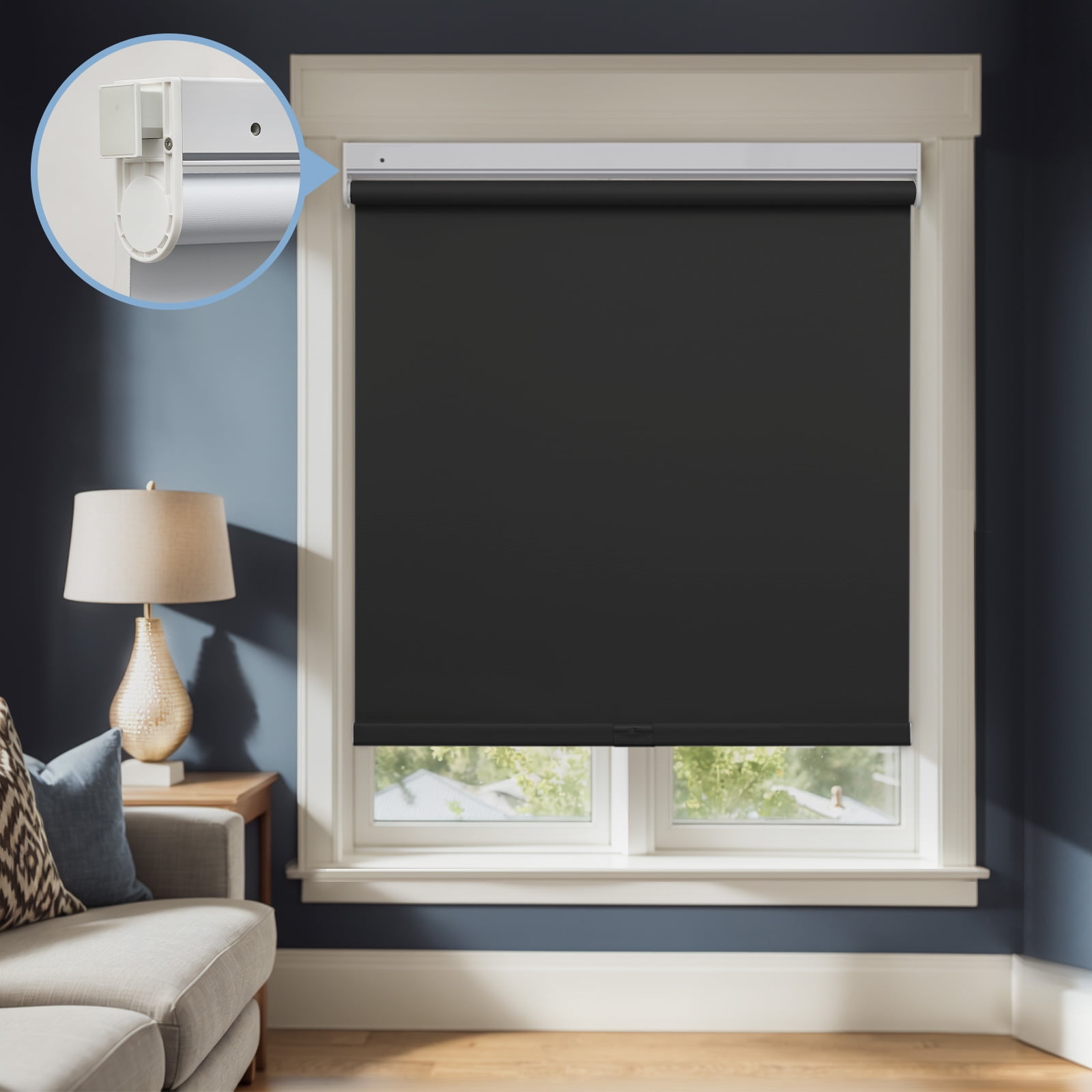 Keego No Tools No Drill Cordless Roller Blinds 100% Blackout Thermal Insulated Reduce Noise Privacy Shades Roller Shades Blinds for Windows (Black, 42"W x 64"H)