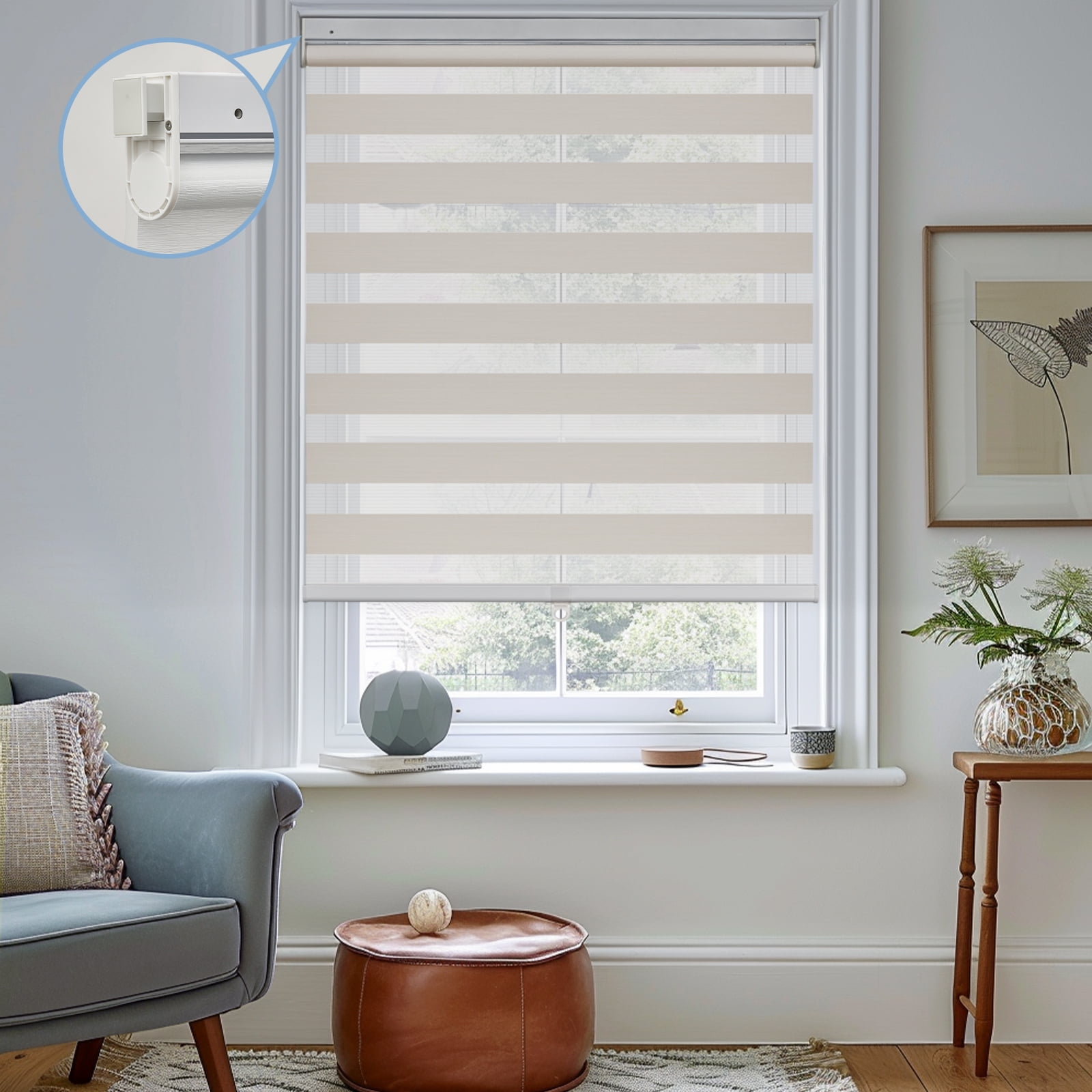 Keego No Tools No Drill Cordless Zebra Roller Blinds Blackout Dual Layer Roller Shades Privacy Zebra Windows Shades Zebra Blinds for Windows - Apricot, 20"W x 32"H
