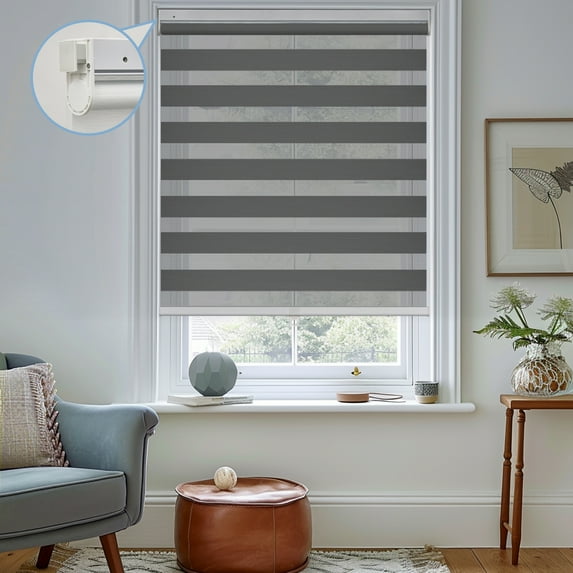Keego No Tools No Drill Cordless Zebra Roller Blinds Blackout Dual Layer Roller Shades Privacy Zebra Windows Shades Zebra Blinds for Windows - Charcoal, 28"W x 56"H