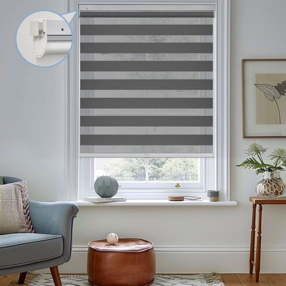 Keego No Tools No Drill Cordless Zebra Roller Blinds Blackout Dual Layer Roller Shades Privacy Zebra Windows Shades Zebra Blinds for Windows - Charcoal, 48"W x 56"H